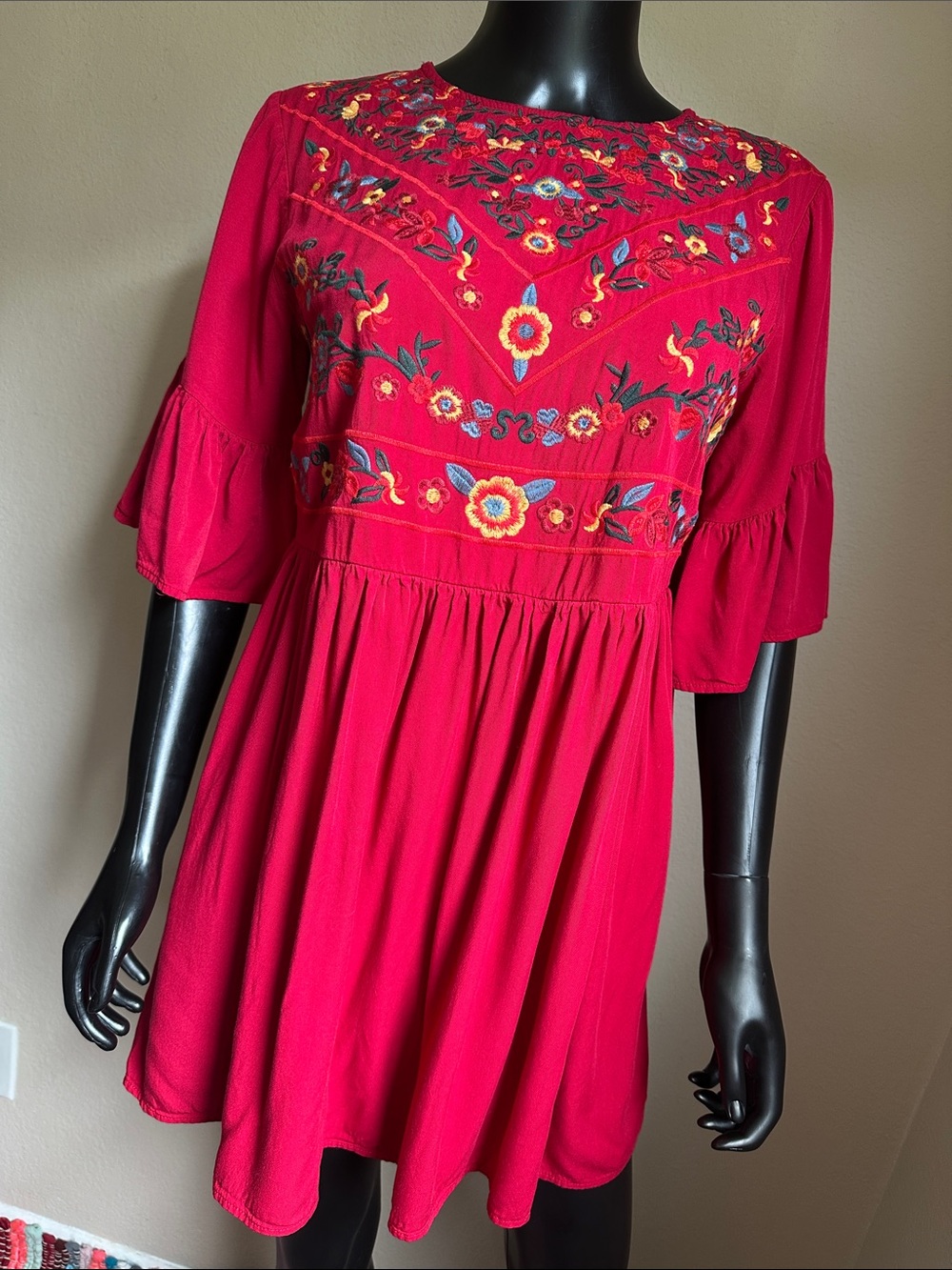 Embroidered Red Mini Dress with Floral Detail